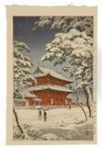 Red Temple In Snow Oil Painting by Tsuchiya Koitsu