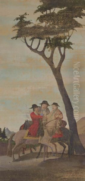 Three Europeans On Horseback In Landscape Oil Painting by Shiba Kokan