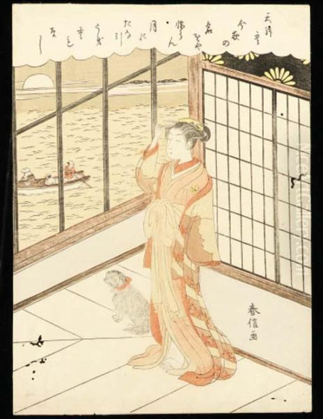 A Courtesan And Her Dog On A Veranda Overlooking A Bay Oil Painting by Shiba Kokan