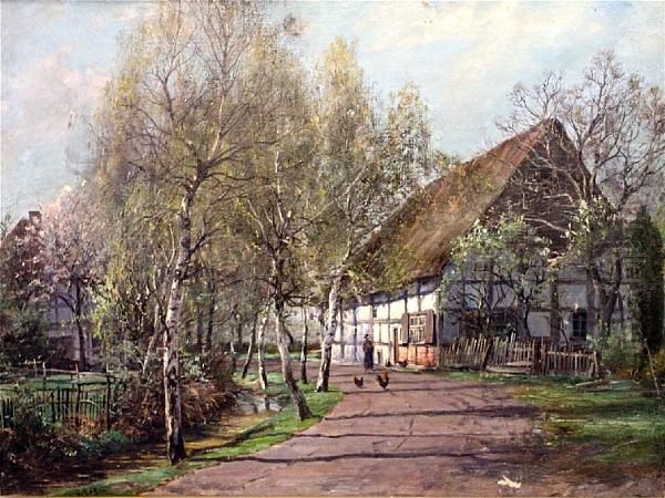 Sunlit Cottage By A Country Road Oil Painting by Gustav Koken