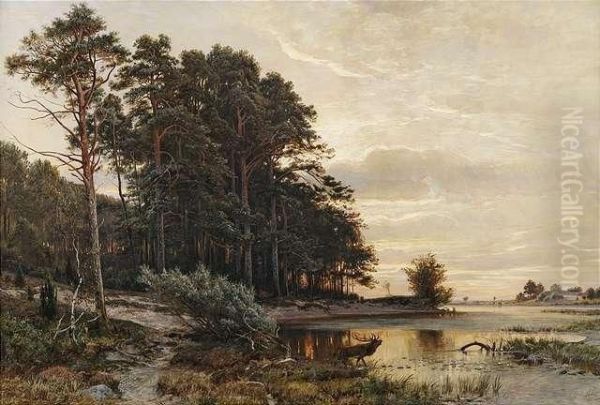 A Lake At The Border Of Awood At Evening Light. Oil Painting by Paul Koken