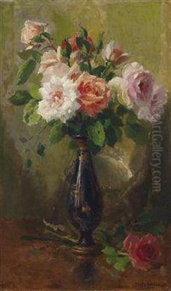 Roses In A Vase Oil Painting by Henri Kokken