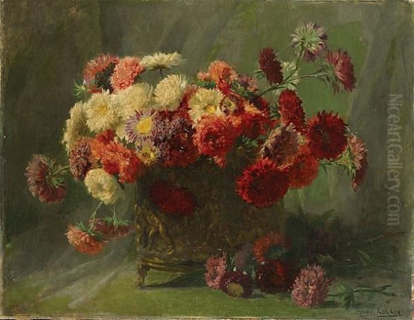 Nature Morte Aux Asters Dans Un Pot En Cuivre Oil Painting by Henri Kokken