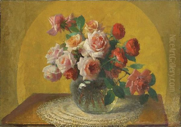 Roses Dans Un Vase En Verre Oil Painting by Henri Kokken