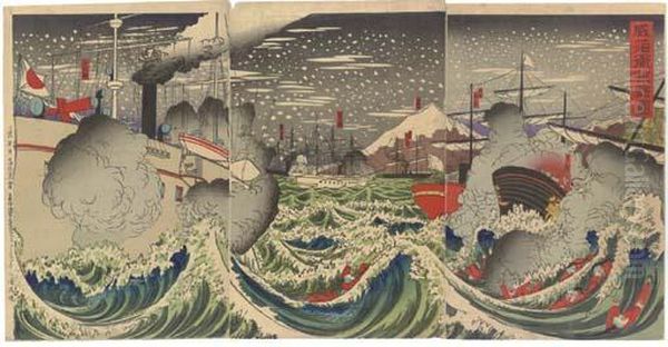 Battle At Weihaiwei Oil Painting by Utagawa Kokunimasa