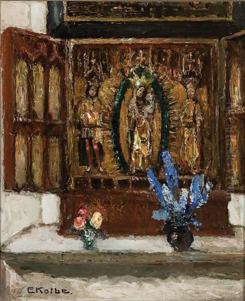 Still Life Of A Carved Marian Altar Triptych With Flower Oil Painting by Ernst Kolbe