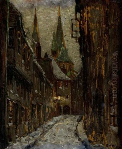 A Dark European Street Scene Oil Painting by Ernst Kolbe