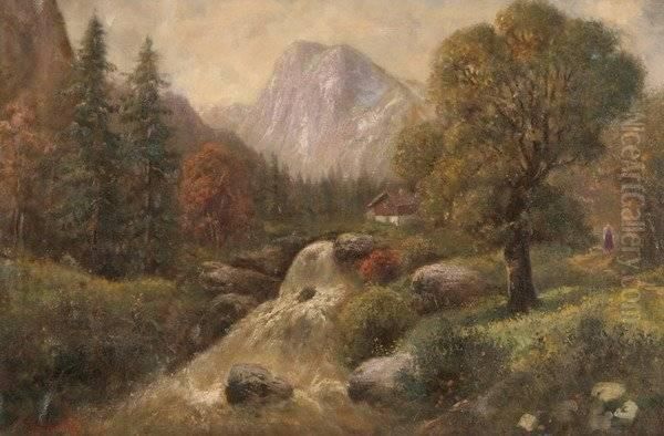 Countryside Landscape With Cottage And Stream Oil Painting by G. Kolbe