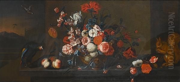 Roses, Tulips, Snowballs And Other Flowers In A Bronze Urn With Peaches, A Squirrel And A Parrot On A Table-top, A View To A Park Landscape Beyond Oil Painting by Heinrich Christoph Kolbe