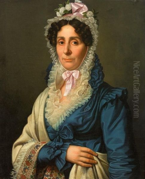 Portrait Einer Dame Mit Weiser Spitzenhaube, Blauem Taftkleid Und Beigem Umhang Oil Painting by Heinrich Christoph Kolbe