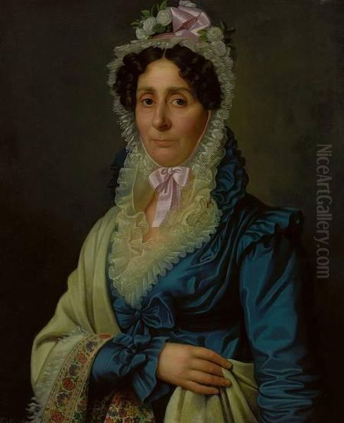 Portrait Einer Dame Mitweiser Spitzenhaube, Blauem Taftkleid Und Beigem Umhang Oil Painting by Heinrich Christoph Kolbe