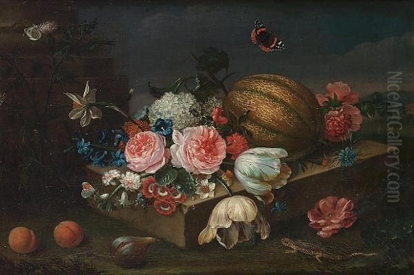 Roses, Carnations, Narcissi, Convolvulus, Tulip And Other Flowers With A Melon On A Stone Ledge With A Fig And Two Peaches, A Lizard And Butterflies Oil Painting by Heinrich Christoph Kolbe