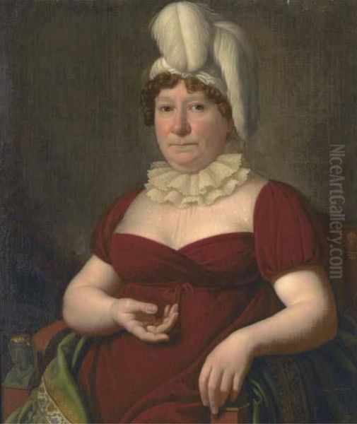 Portrait Of A Lady, Half-length, Seated, In A Burgundy Dress With Lace Collar, Wearing A Hat With Feathers Oil Painting by Heinrich Christoph Kolbe