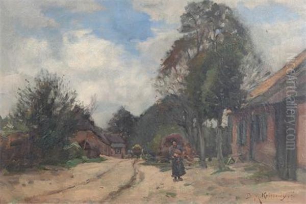 Village Scene With An Old Women Walking In The Snow Oil Painting by Bernard Morils Koldeway