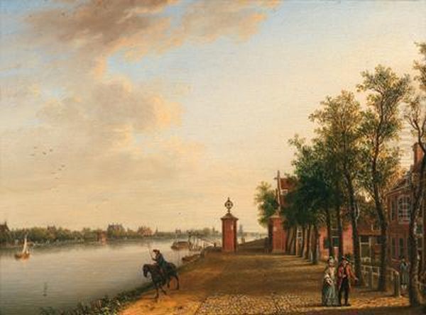 Passeggiata Lungo Il Canale Con Una Coppia E Un Uomo Cavallo Presso Sloterdijk Oil Painting by Johann Jakob Koller