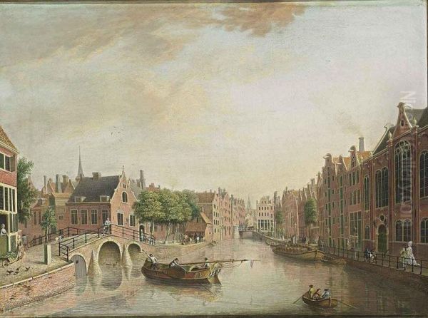 Amsterdam: A View Of The Spui, With On The Left The Nieuwezijds Voorburgwal And The Entrance Of The Begijnhof With The Tower Of The Engelse Kerk, And The Bridge Of The Kalverstraat, The Tower Of The Zuiderkerk In The Background Oil Painting by Johann Jakob Koller