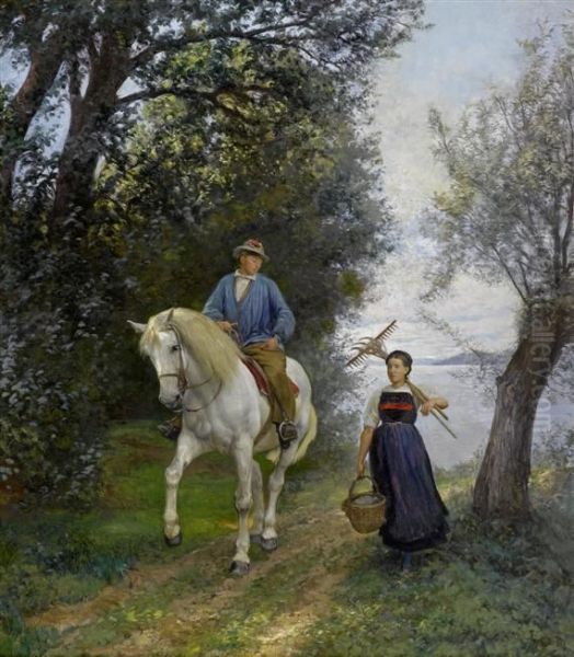 Rider And Peasant Woman At A Lake Oil Painting by Rudolf Koller