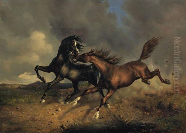 Horses In A Storm Oil Painting by Rudolf Koller