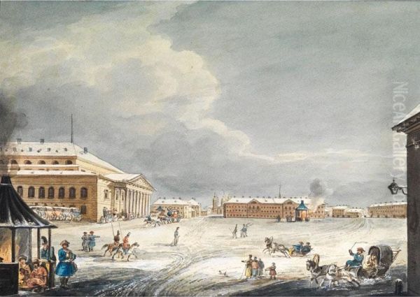 Ansicht Auf Den Theaterplatz Vor Dem Grossen Theater In St. Petersburg Oil Painting by Carl Ivanovitch Kollmann