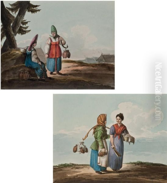 A Watercarrier And A Washerwoman Oil Painting by Carl Ivanovitch Kollmann