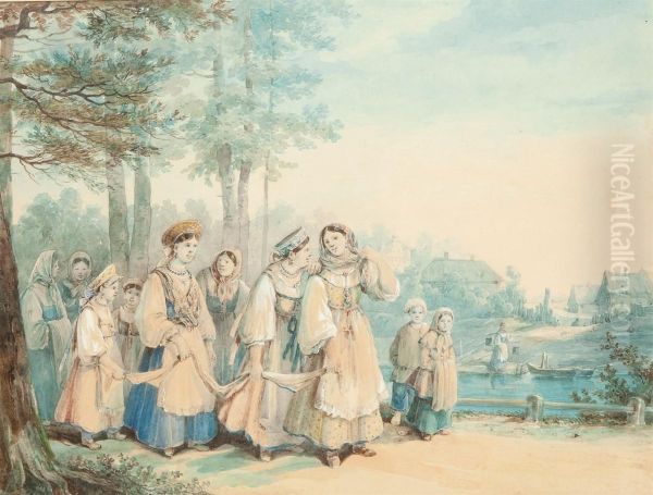 A Procession Of Young Maids Oil Painting by Carl Ivanovitch Kollmann