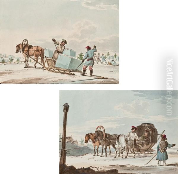 Ice Carriers; And Peasants In A Troika Giving Directions To A Traveller Oil Painting by Carl Ivanovitch Kollmann