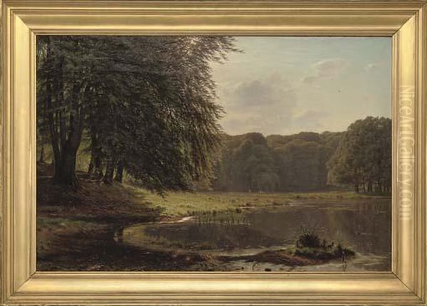 A Sunlit Lake Landscape Oil Painting by C. A. Kollo