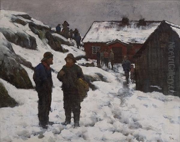 Fishermen In Winterlandscape Oil Painting by Fredrik Kolsto