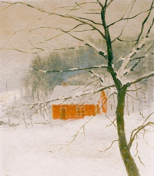 Hus I Vinterlandskap 1891 Oil Painting by Fredrik Kolsto