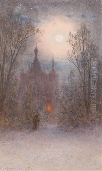 Moonlit Winterevening With Solitary Figure Oil Painting by Gavril Kondratenko