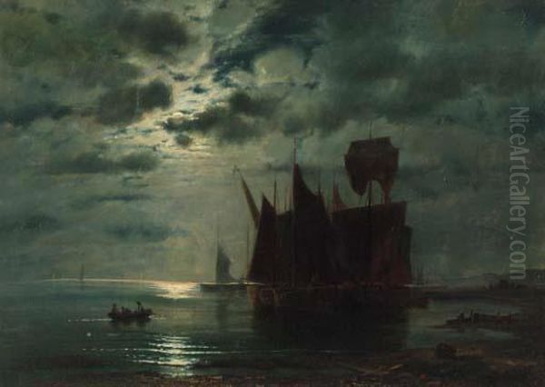 Fishing Boats In A Harbour By Moonlight Oil Painting by Ferdinand Konig