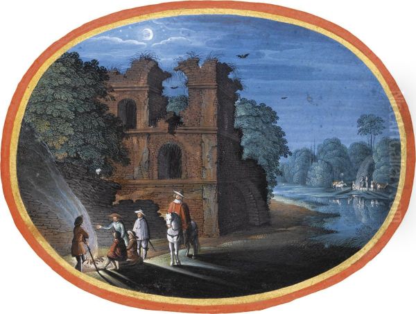 Travellers Gathered Around A Fire, By A Ruin, In Themoonlight Oil Painting by Johann Konig