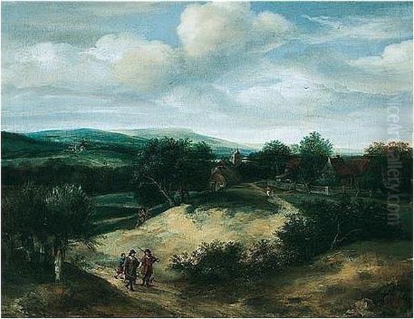 An Open Landscape With Huntsmen On A Track Before A Village Oil Painting by Jacob I Koninck