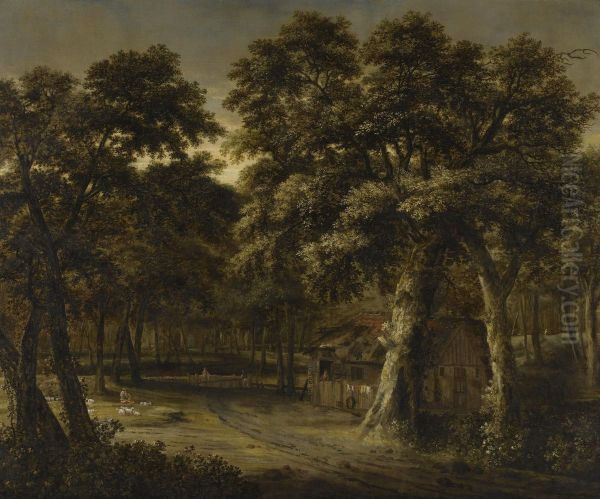 A Woodland Scene With A Cottage And Figures Oil Painting by Philips Koninck