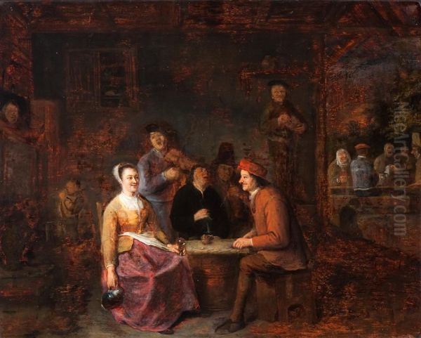 Company Of Peasants With A Violinist In A Tavern Oil Painting by Philips Koninck