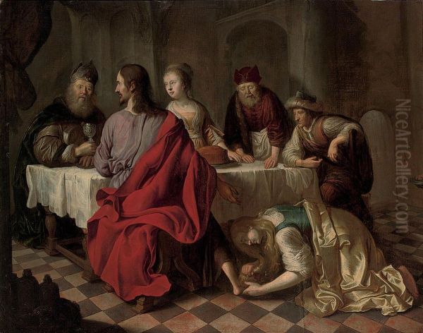 Mary Magdalene Washing The Feet Of Christ In The House Of Simon Oil Painting by Salomon Koninck