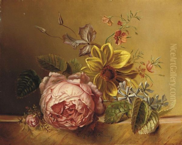 Summer Flowers On A Marble Ledge Oil Painting by Elisabeth Johanna Koning