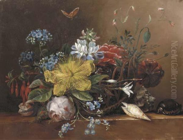 Flowers In A Basket With Shells On A Ledge Oil Painting by Elisabeth Johanna Koning