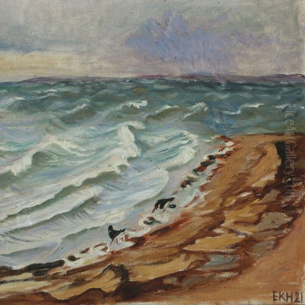 Coastal Scenery With Oystercatchers In The Shallows Oil Painting by Elise Konstantin-Hansen