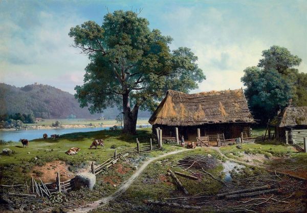 A Riverside Farm Oil Painting by Mikhail Konstantinovich Klodt