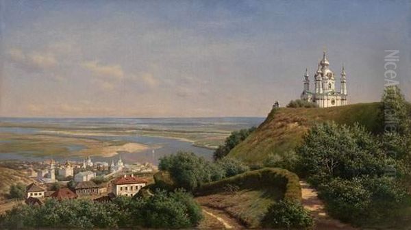 View Of Kiev From The Muraviev Gardens Oil Painting by Mikhail Konstantinovich Klodt