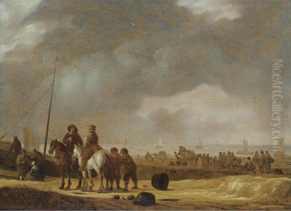 Beach Scene With Two Horsemen Conversing, Fisherfolk Unloading Carts, Sailing Vessels Beyond Oil Painting by Willem Gillisz. Kool