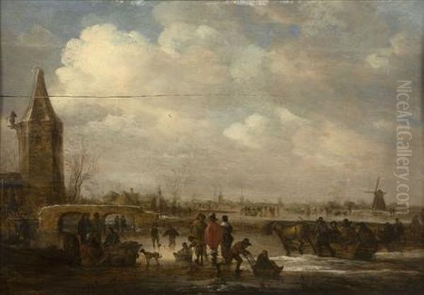 Figures On A Frozen River Near A Church Oil Painting by Willem Gillisz. Kool