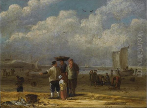 Fishermen And Women Conversing On The Beach, Other Fishermenunloading Their Catch In The Background Oil Painting by Willem Gillisz. Kool