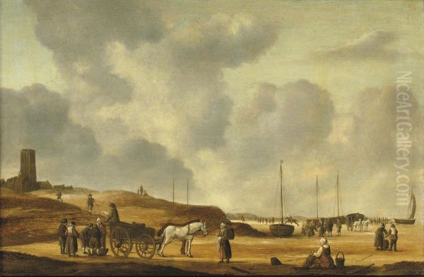 Fisherfolk On The Beach Of Egmond Aan Zee Oil Painting by Willem Gillisz. Kool