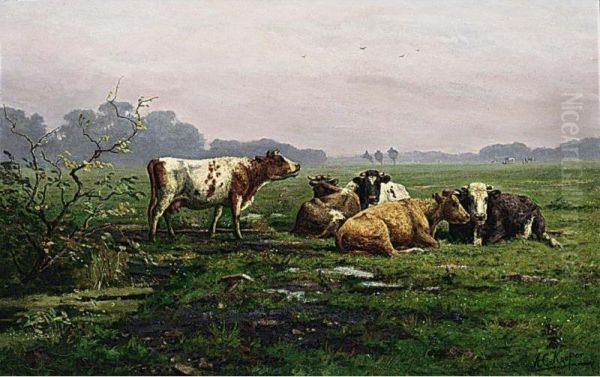 Cattle In A Landscape Oil Painting by Ary Cornelis Kooper