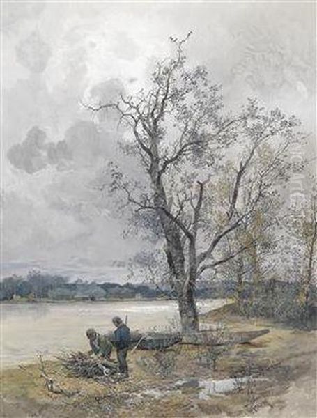 Aulandschaft An Der Donau Bei Grauem Himmel Oil Painting by Franz Kopallik