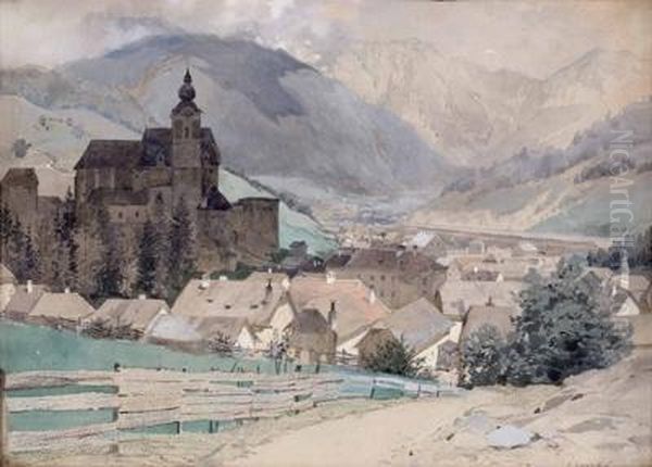 Dorf Mit Burg In Alpenlandschaft Oil Painting by Franz Kopallik