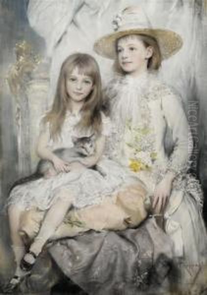 Portrait Of A Pair Of Young Girls Oil Painting by Joszi Arpad, Jan Koppay