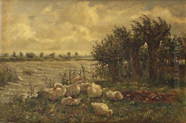 A Wooded River Landscape With Geese Oil Painting by Cornelis Koppenol